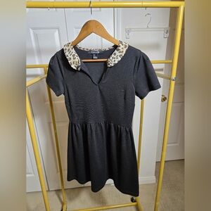 Forever 21 Black Mini Dress with Leopard Print Collar Small